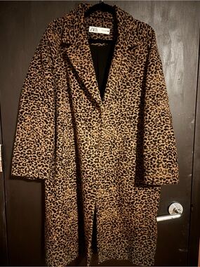 ZARA Leopard Print Long Trench Coat - Brown/Black